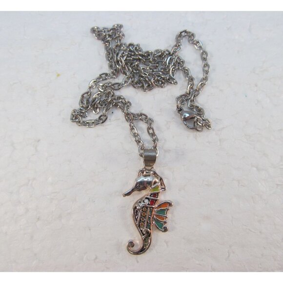 Silver Tone Enamel Seahorse Pendant Necklace - Picture 5 of 12